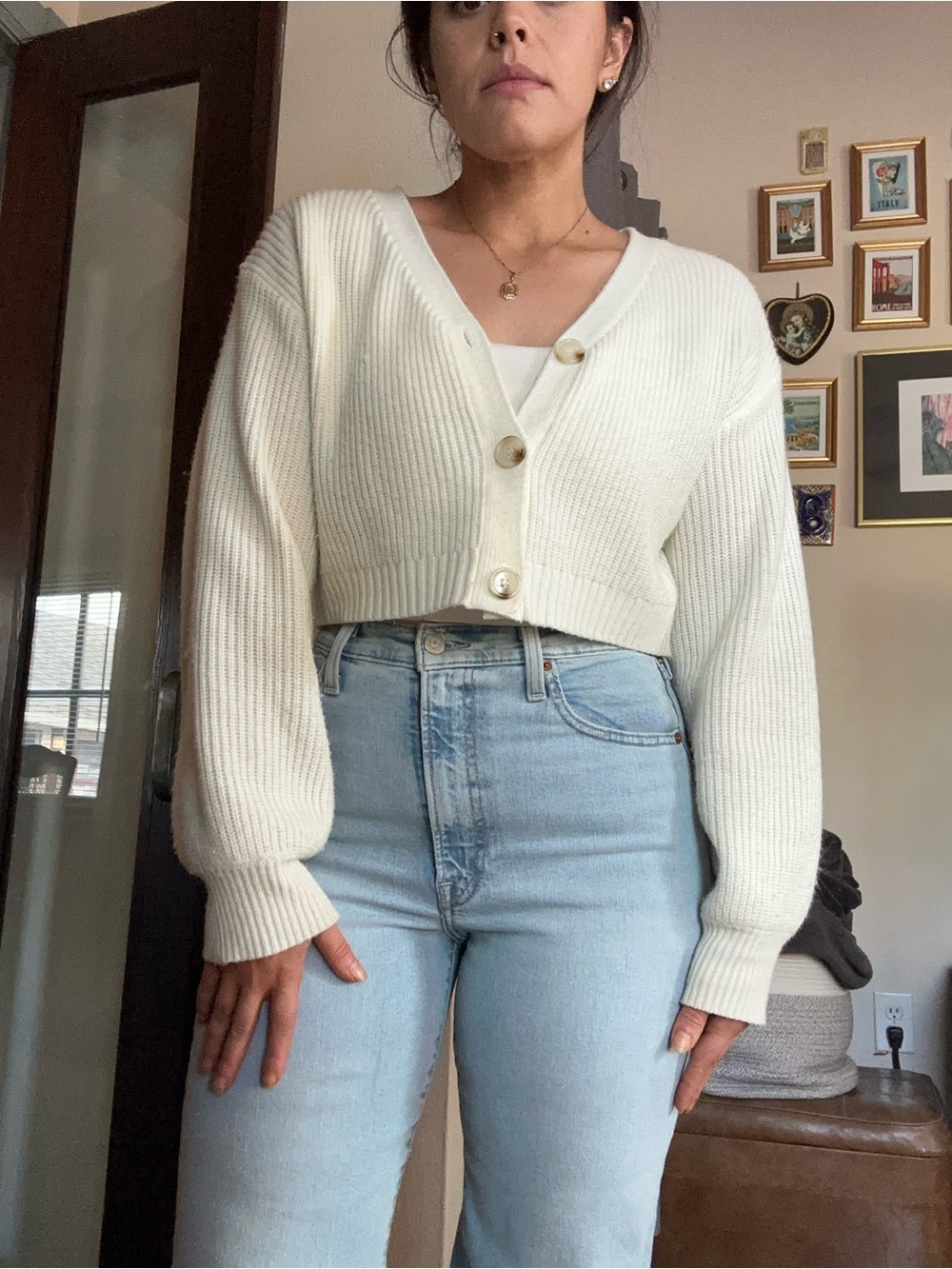 SHEIN Cream Cropped Ribbed V-Neck Button Cardigan